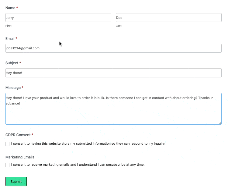 A contact form with fields for name, email, subject, and message. The message field contains a user inquiry about ordering a product in bulk. Below the message box, there are checkboxes for GDPR consent and marketing email consent, both of which are unchecked. A green "Submit" button is at the bottom.