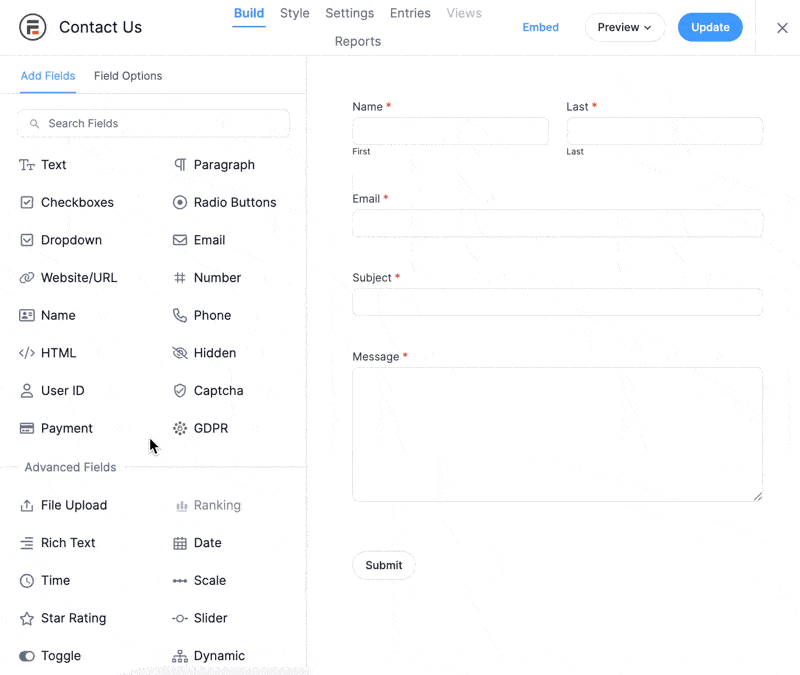 Animated GIF of a form builder interface, showing a user dragging and dropping a 'GDPR' field into a contact form. The interface includes various form elements such as text fields, checkboxes, dropdowns, and radio buttons. The right side of the screen displays a contact form with fields for name, email, subject, and message, along with a submit button.