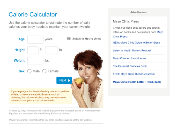 A calorie calculator form by Mayo Clinic asking for age, height, weight, and sex to estimate daily calorie needs. A woman holding an apple is pictured beside it. There's a note about potential inaccuracies for certain health conditions.