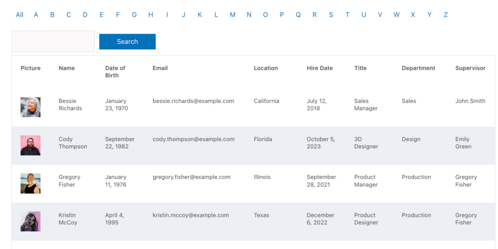 Example staff directory