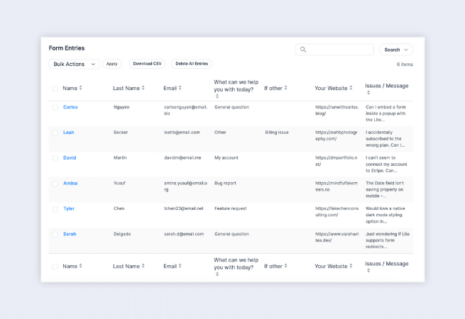 A dashboard-style table view showing form entries, including user details like name, email, website, and message. Each row includes a different support topic, such as billing issues, bug reports, and feature requests, with user-submitted links and messages.