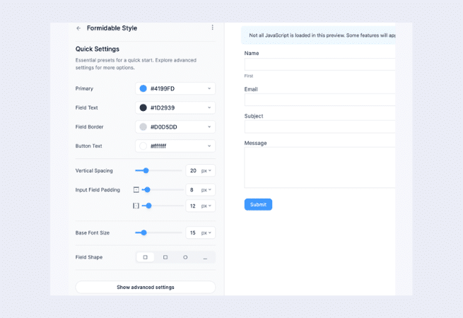 A split-screen view of a form customization panel on the left and a preview form on the right. The left panel allows users to adjust design settings like primary color, font size, field shape, and padding, while the right side previews a basic contact form.