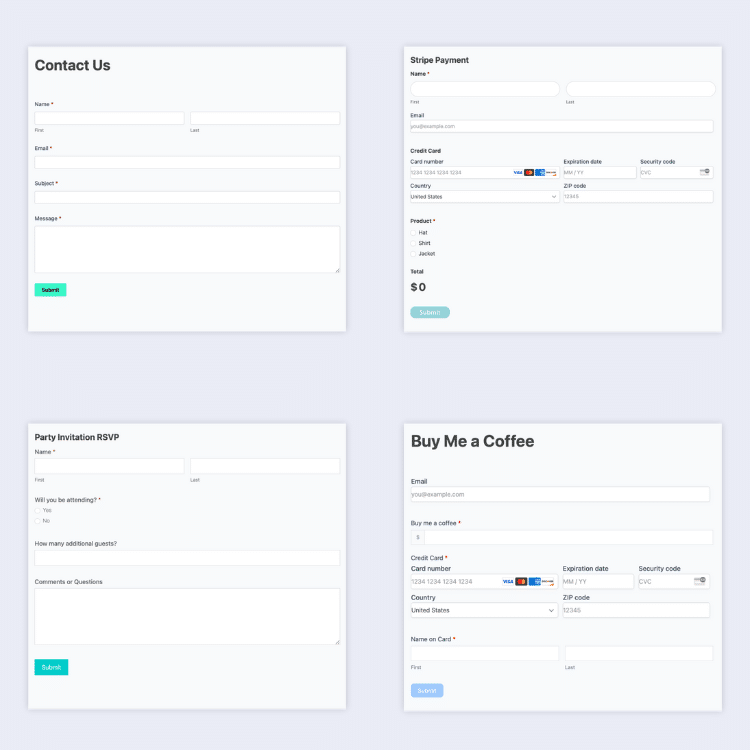 A collage of four different web form templates: a basic contact form, a Stripe payment form, a party RSVP form, and a “Buy Me a Coffee” donation form. Each form includes standard input fields like name, email, and payment details.
