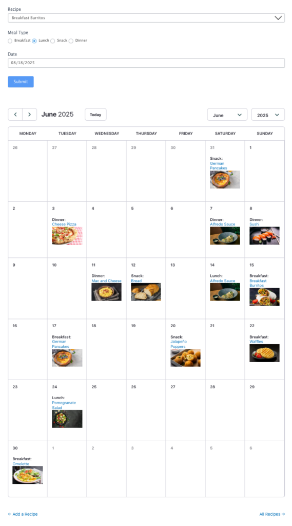 Recipe Template - Menu Planner Calendar View