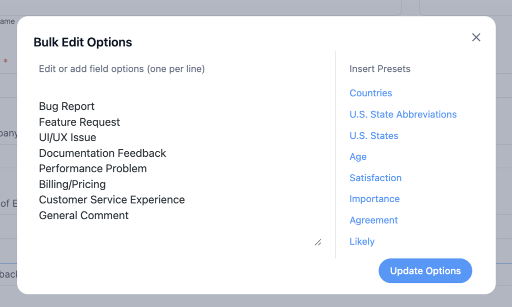 WordPress Customer feedback Portal "Feedback Type" dropdown options