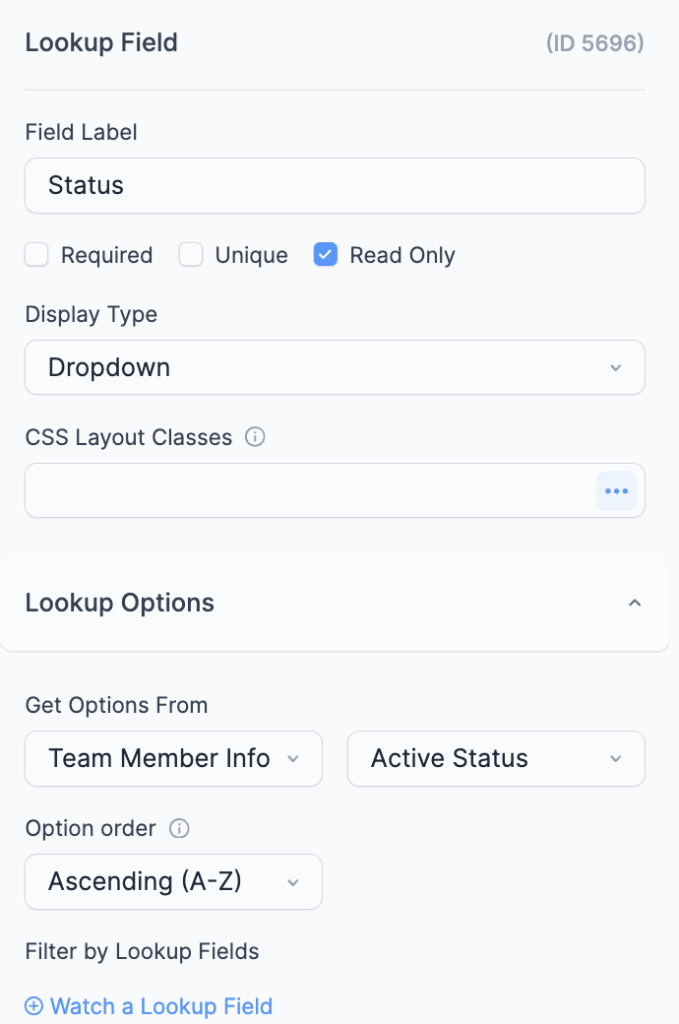 "Status" Lookup Field options and settings